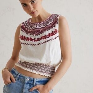Anthropologie White and Red Embroidered Top